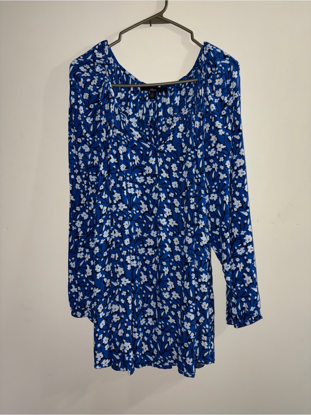 Ellos Blouse Womens 2X 26/28 Blue Floral Peasant Boho Plus Size Top